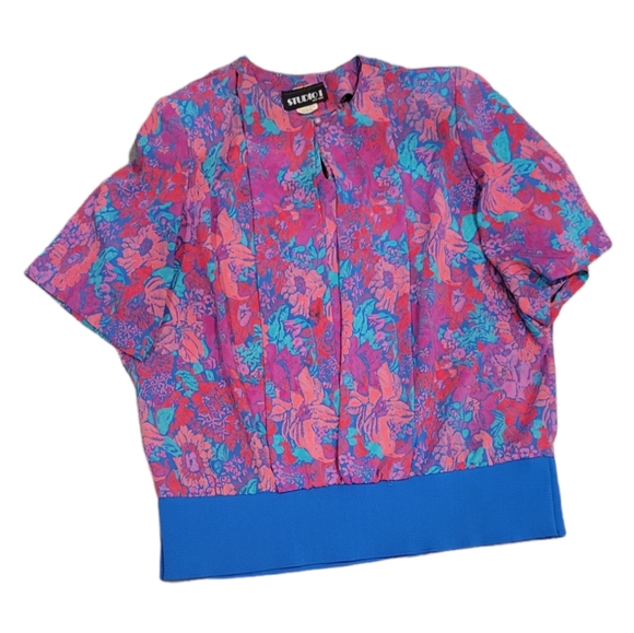 Studio I Bright Floral 80s Vintage Dress Sz 16 Shirt & Skirt Pink Purple 2 Piece - Picture 2 of 5